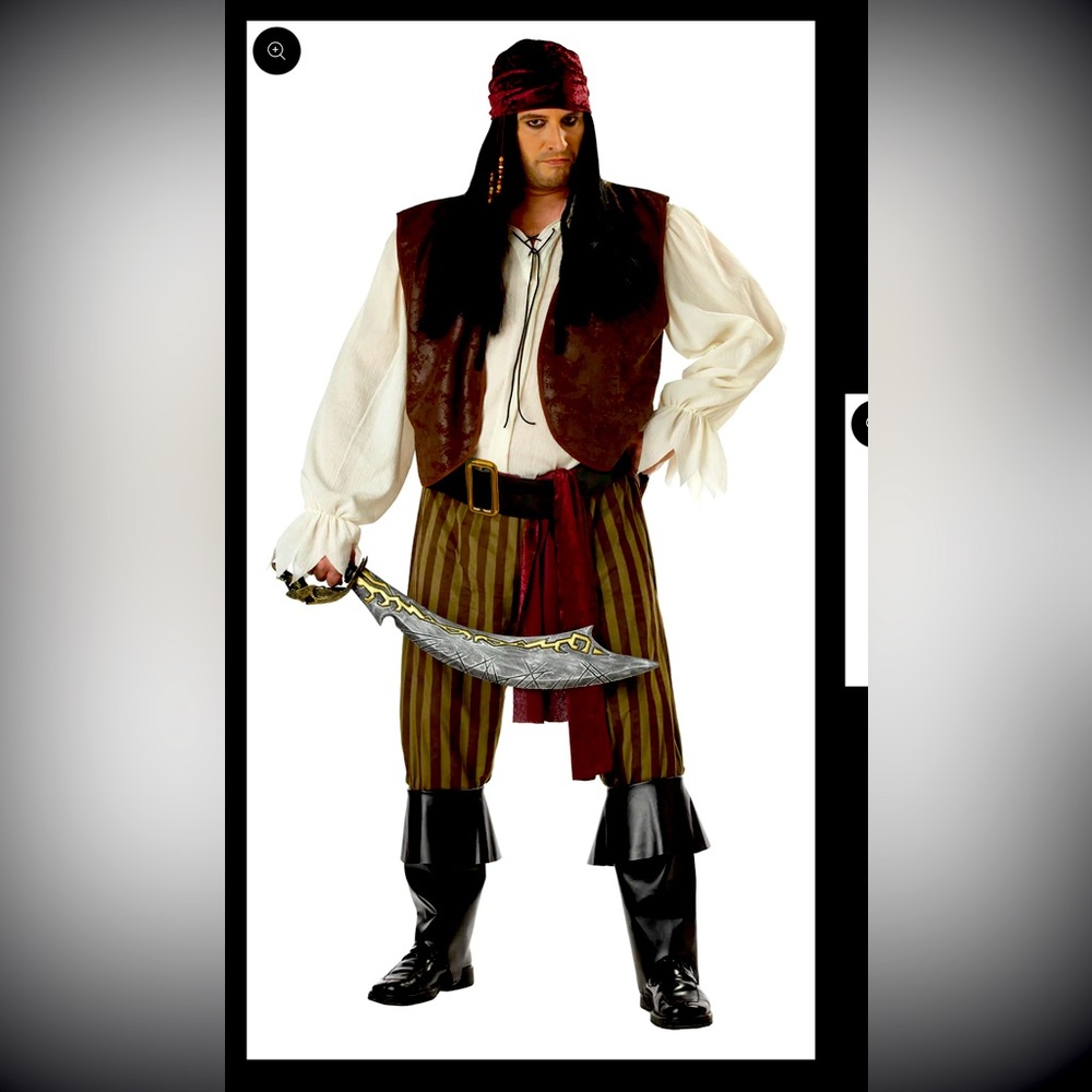 Pirate Costume, men’s plus size, shirt/vest, pants, boot covers, belt, sash,